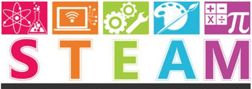The letters S, T, E, A, M with symbols representing Science Technology Engineering Arts and Math above each letter